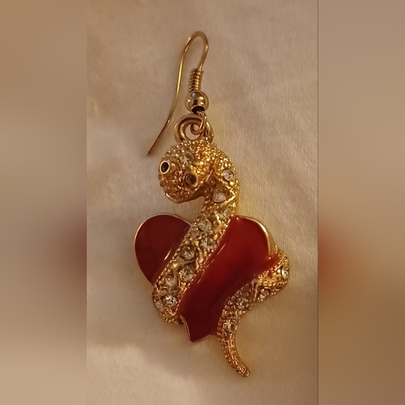 New Golden Crystal Bow Heart Kitty Necklace+Red Heart Wrapped Snake Earrings Set - Picture 5 of 15